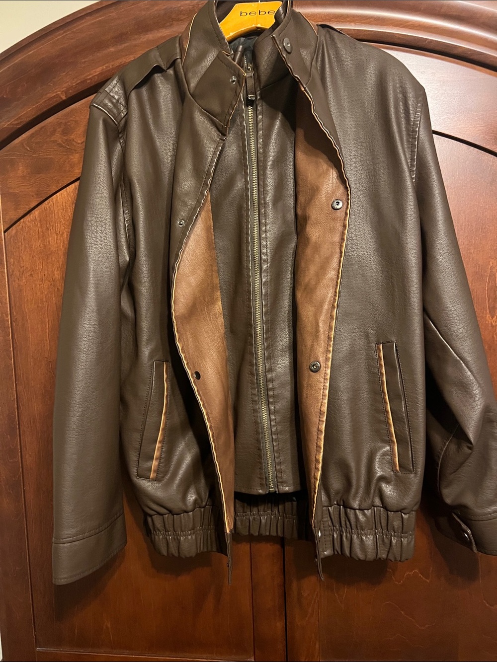 Dark Brown Leather Bomber Jacket with Lighter Brown Trim